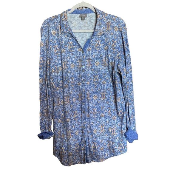 J Jill Large Blue Multicolor Paisley Print Button Up Tunic Top Stretch Blouse - Picture 1 of 8